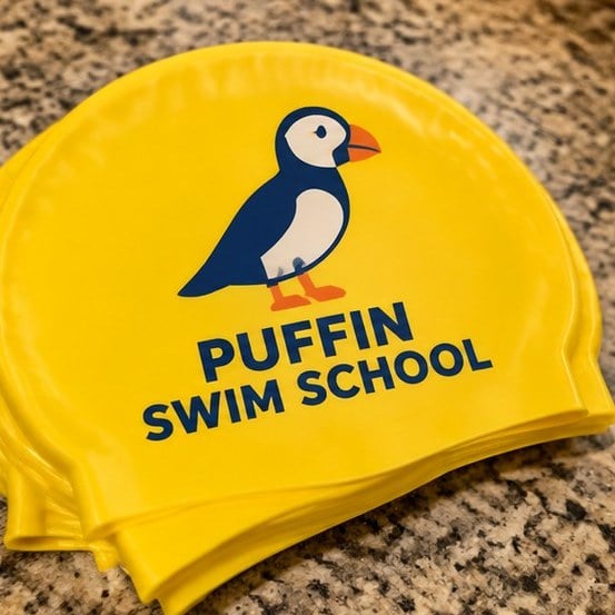 Customer photo of custom kids swim caps