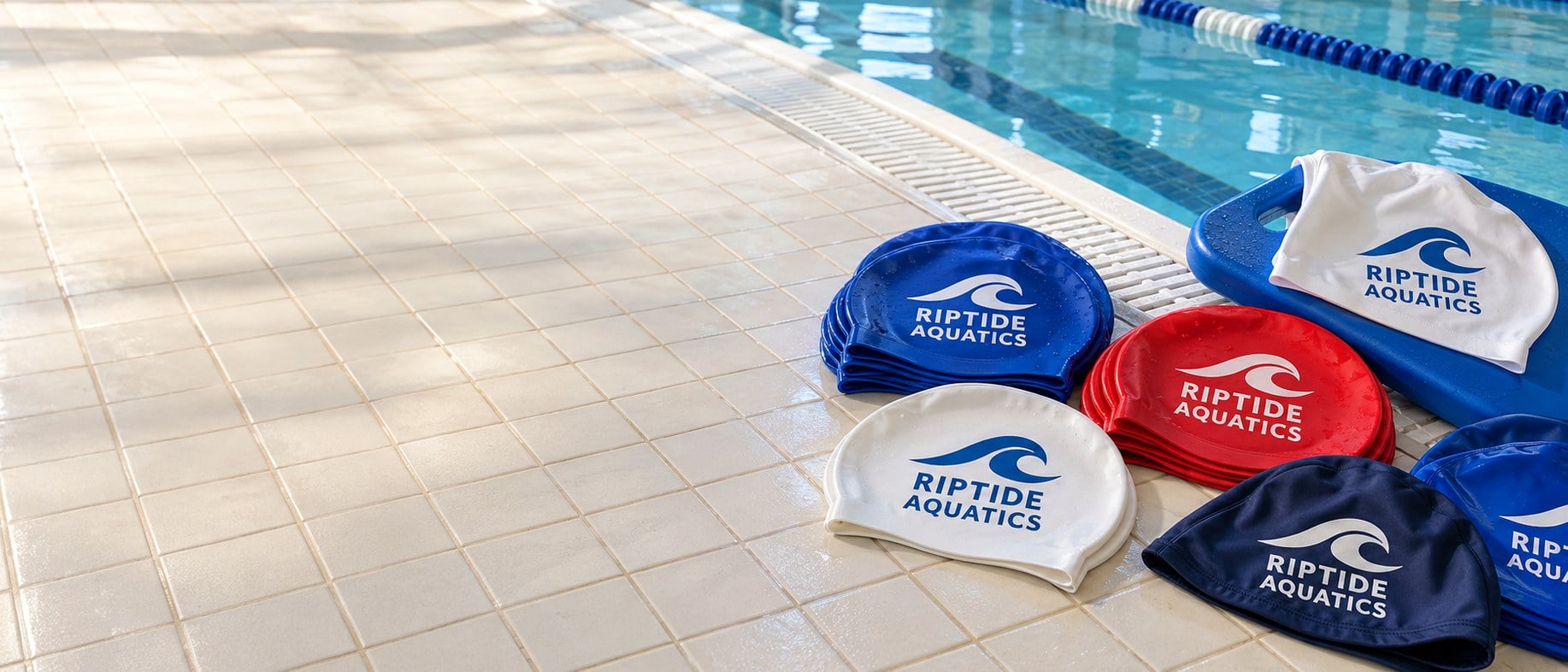 Custom printed silicone swim caps laid flat on a white tiled pool deck